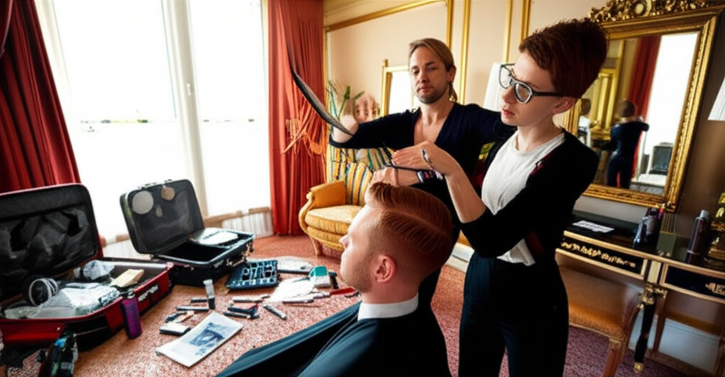 Ultra-realistic 4K image of tech professionals getting emergency haircuts in a Venetian suite before a CES keynote.