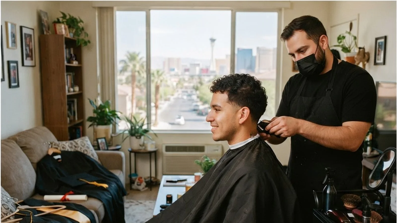 Mobile barber service before graduation ceremony in Las Vegas - UNLV and other schools