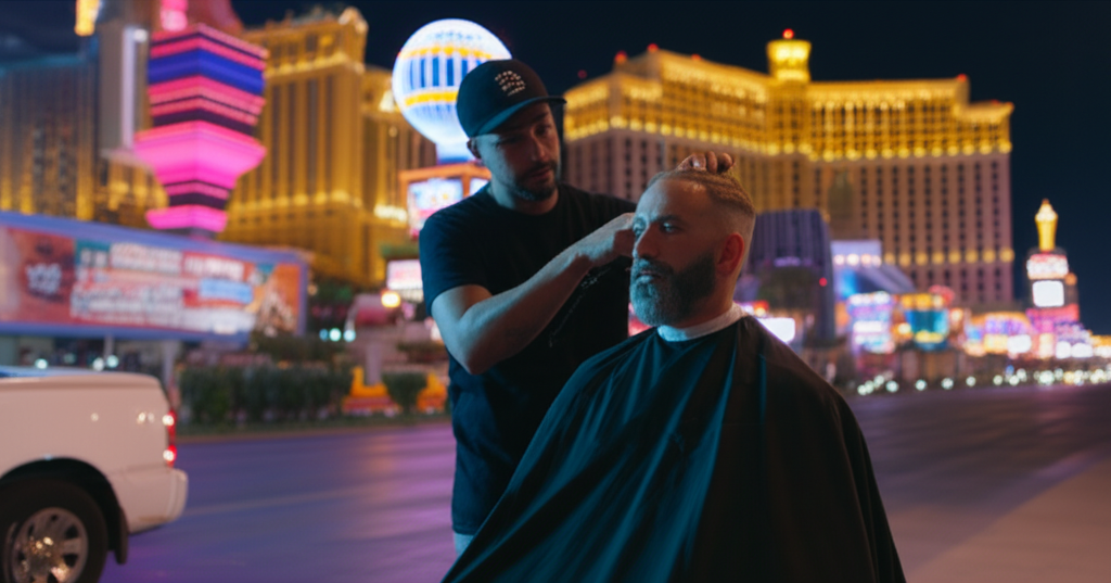 A Las Vegas local getting a late-night haircut from a mobile barber, with the Strip's neon glow in 4K.