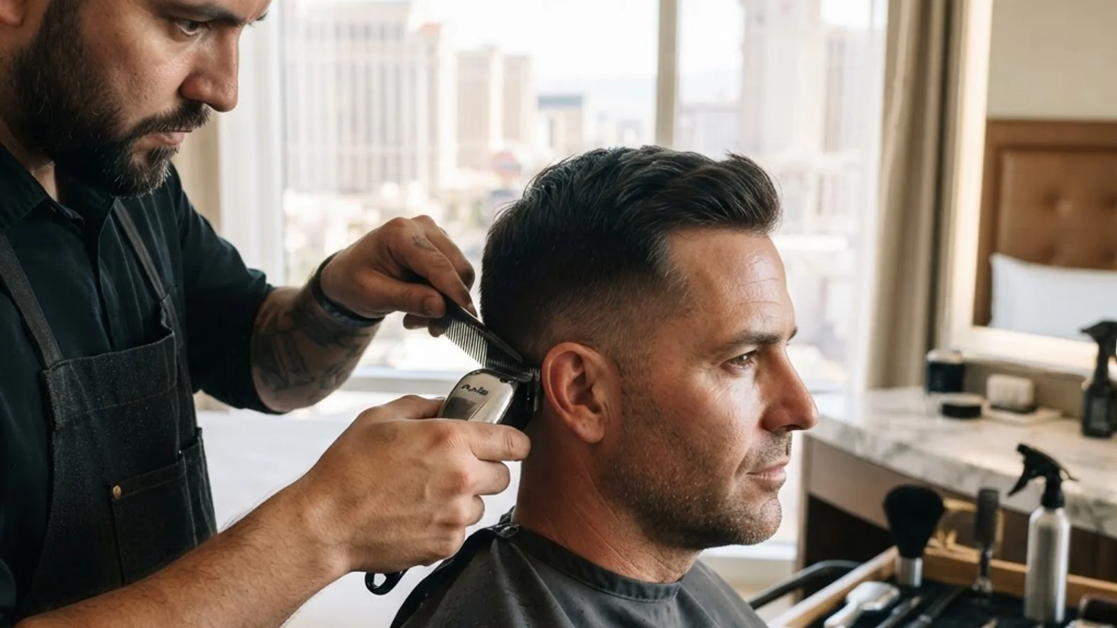 Business executive getting professional haircut in Las Vegas