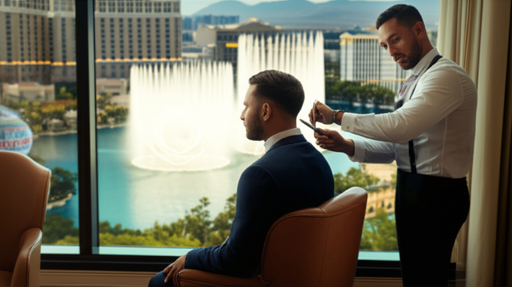A groom gets a 4K ultra-realistic emergency haircut in a Las Vegas suite overlooking the Bellagio fountains.
