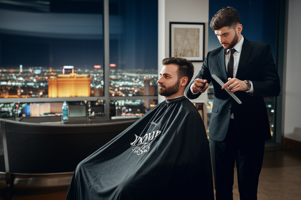 A discreet, ultra-realistic 4K haircut service in a Wynn Las Vegas penthouse suite at midnight.