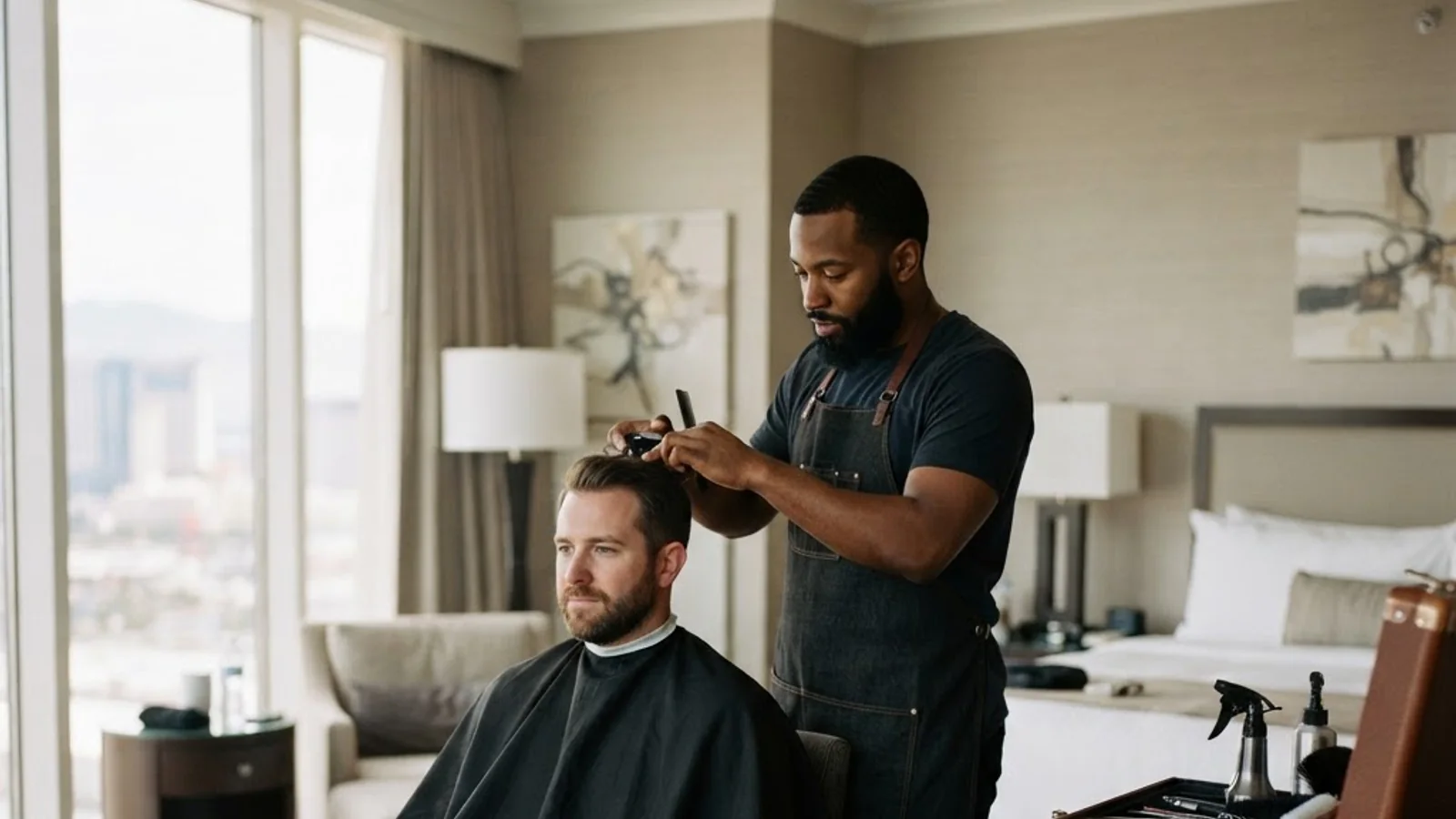 Professional hotel staff grooming service at luxury Las Vegas property