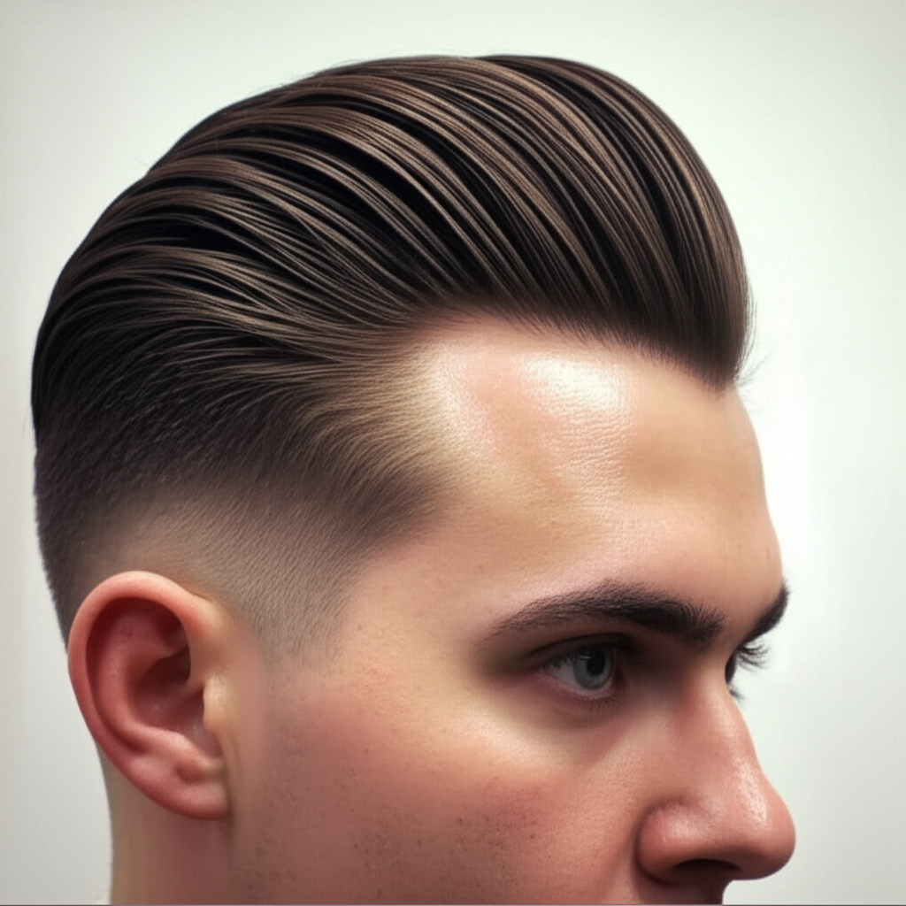 Classic pompadour hairstyle with slicked back hair