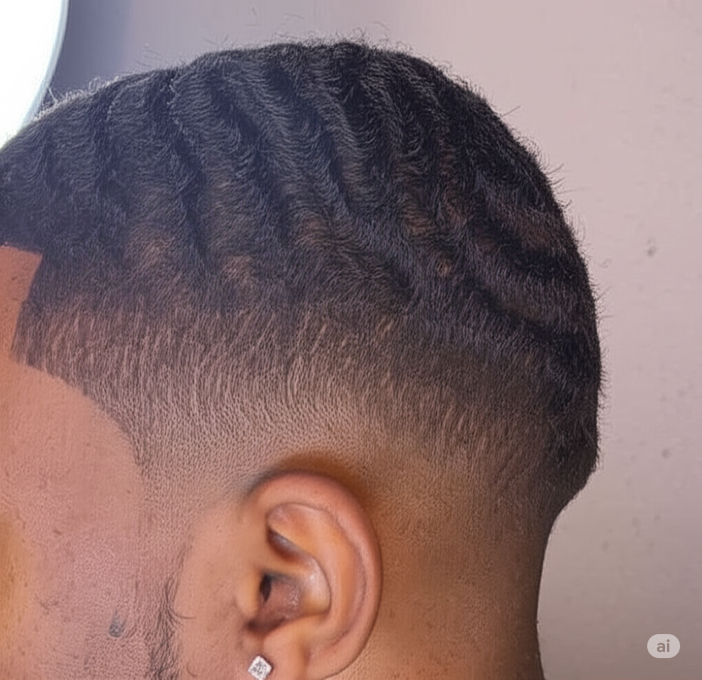 Close-up of 360 waves hairstyle with a fade